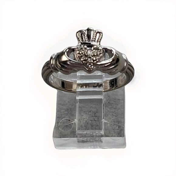 14k White Gold Natural Diamond Claddagh Ring Size 6.5. Signed - Picture 3 of 5